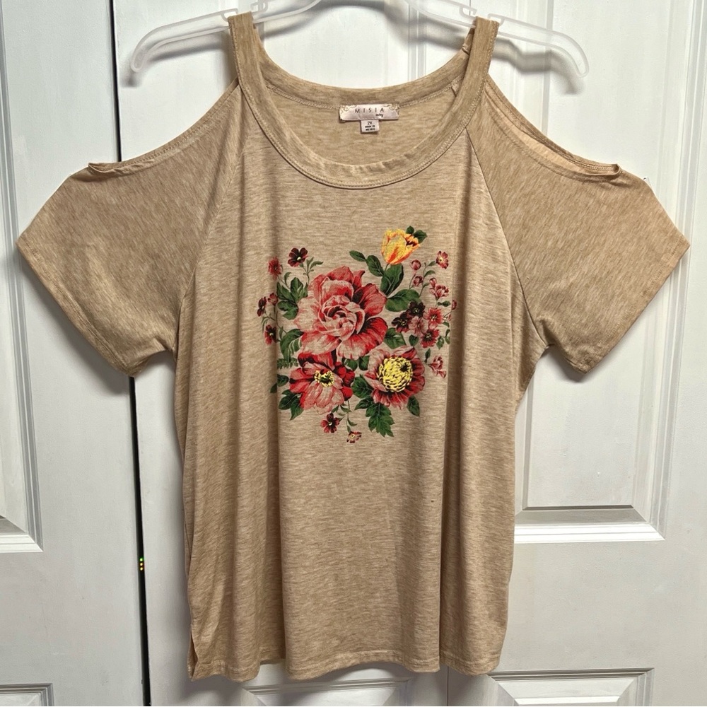 Misia Tan Cold-Shoulder Floral Tee Plus Size 2X